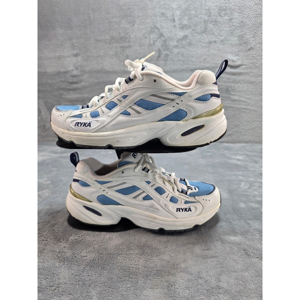 Ryka V3 Leather Walking Shoes Womens 8M White Blue Guidance Control K02169WWLD